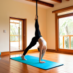 **Image Prompt:** A brightly lit home yoga studio. A woman is gracefully inverted in a yoga swing, suspended from a sturdy ceiling mount. Sunlight streams through a nearby window. In the foreground, a neatly rolled yoga mat rests on the wooden floor, beside a water bottle and a small pile of yoga blocks. Soft, natural colors and a serene atmosphere.
