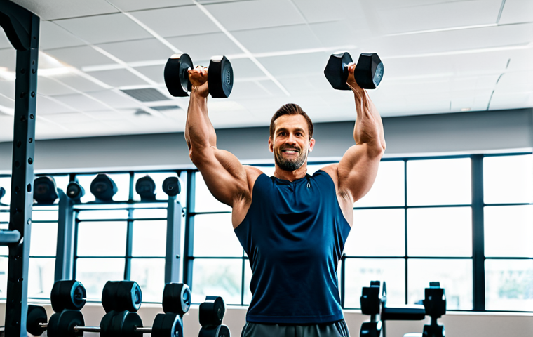 A professional male athlete in his 30s, fully clothed in modest athletic wear, performing a dumbbell overhead extension with perfect form in a well-lit, modern gym. The background shows various dumbbells neatly organized, emphasizing the versatility of the equipment. Natural pose, correct proportions, well-formed hands, proper finger count. Professional photography, high quality, studio lighting. Safe for work, appropriate content, family-friendly.