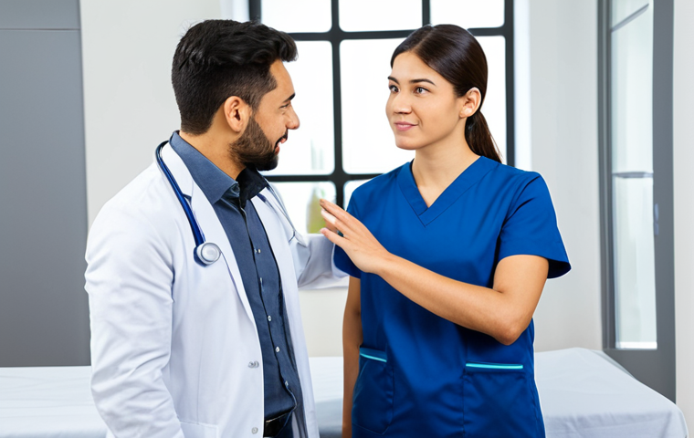 A professional physiotherapist in a clean, modern clinic, fully clothed in modest professional attire, is consulting with a client. They are engaged in a professional discussion about holistic shoulder health and preventive care. The client is also fully clothed in appropriate casual wear, listening attentively in a natural pose. The scene is bright and clean, emphasizing health and well-being. safe for work, appropriate content, fully clothed, professional, perfect anatomy, correct proportions, natural pose, well-formed hands, proper finger count, natural body proportions, professional photography, high quality.