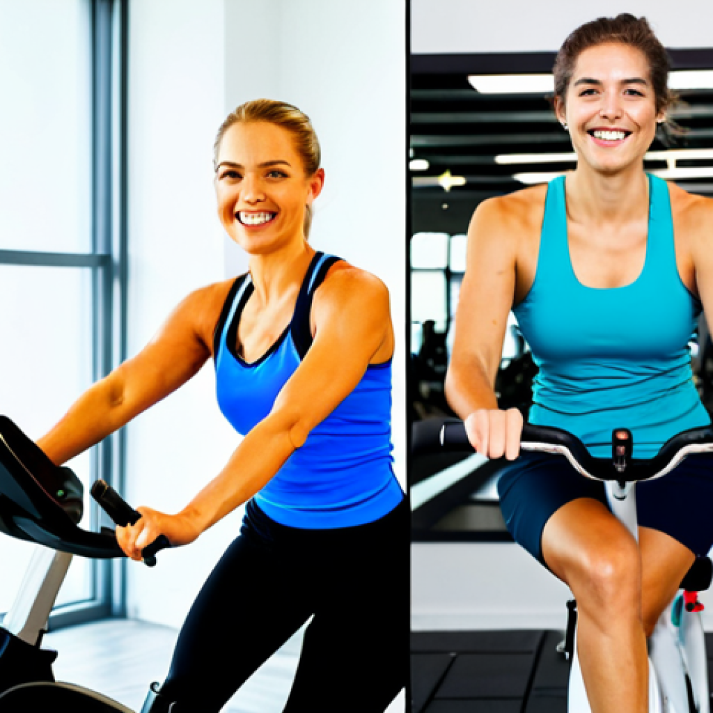 스피닝 바이크와 로잉머신 비교 - Calorie Burning Comparison**

"A split-screen image showcasing a woman on a spinning bike on one sid...