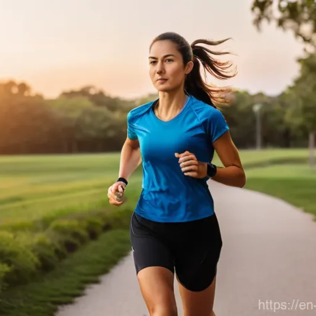 유산소 운동을 위한 애플 워치 앱 추천 - **Prompt:** A dynamic, full-body shot of a female runner in her late 20s, actively engaged in an out...