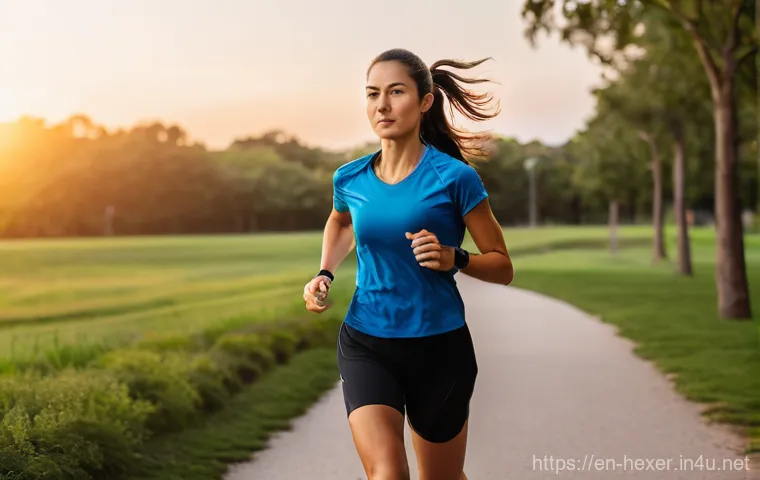 유산소 운동을 위한 애플 워치 앱 추천 - **Prompt:** A dynamic, full-body shot of a female runner in her late 20s, actively engaged in an out...