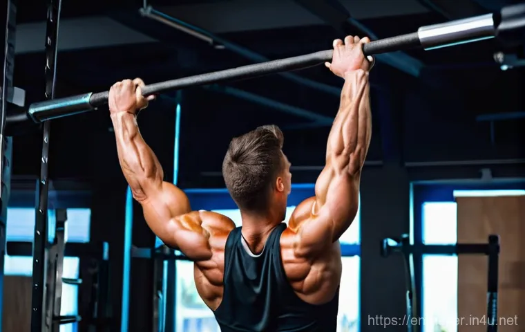 등 근육 발달을 위한 풀업 변형 동작 - **Prompt 1: Wide-Grip Pull-Up for V-Taper Development**
"A highly fit and muscular individual, e...