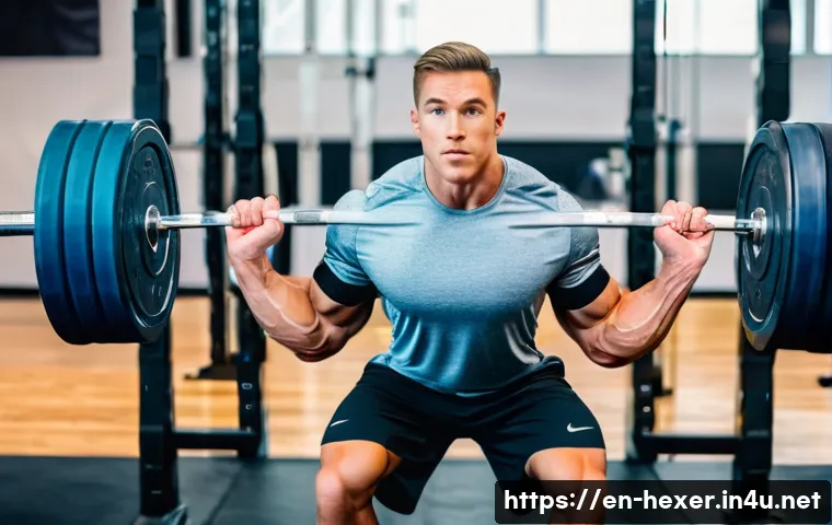 남성을 위한 체중 증가 운동 프로그램 - A focused male athlete, mid-20s, with a lean, muscular physique, performing a barbell back squat in ...