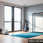 Home 18 홈트 전용 스마트 미러 추천 - A modern home gym scene featuring a sleek 42-inch smart mirror with high-definition display showing ...
