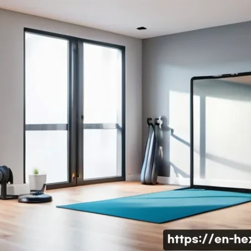 Home 30 홈트 전용 스마트 미러 추천 - A modern home gym scene featuring a sleek 42-inch smart mirror with high-definition display showing ...