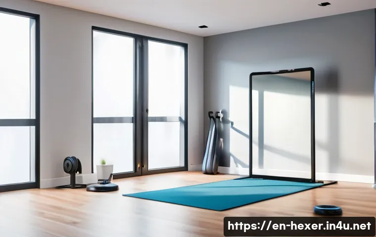 홈트 전용 스마트 미러 추천 - A modern home gym scene featuring a sleek 42-inch smart mirror with high-definition display showing ...