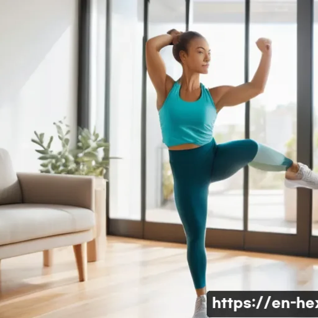 집에서 하는 하체 순환운동 루틴 - A fit adult woman in comfortable athletic wear performing controlled leg swings beside a sturdy wood...