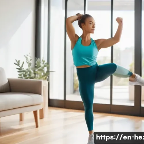 집에서 하는 하체 순환운동 루틴 - A fit adult woman in comfortable athletic wear performing controlled leg swings beside a sturdy wood...