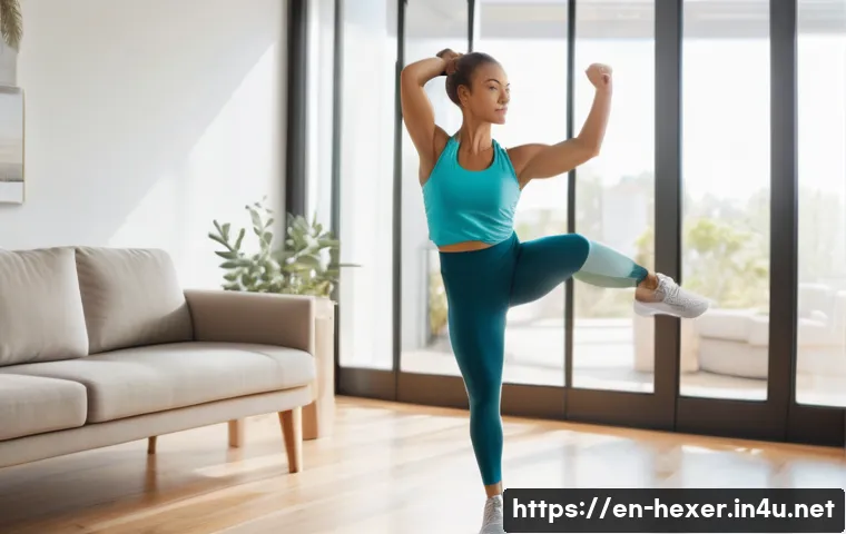 집에서 하는 하체 순환운동 루틴 - A fit adult woman in comfortable athletic wear performing controlled leg swings beside a sturdy wood...