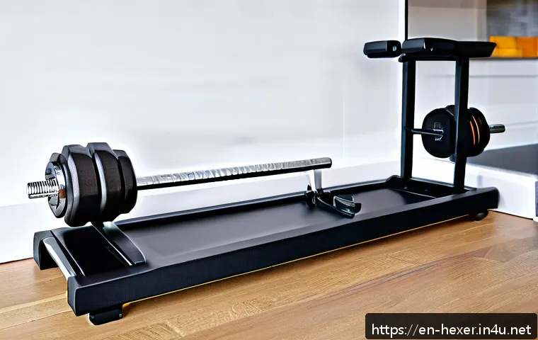 홈트레이닝용 덤벨 추천 - A modern home gym setup featuring a compact adjustable dumbbell set with a sleek dial weight selecti...