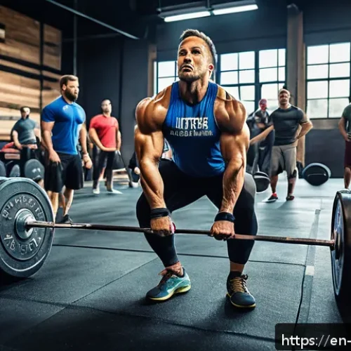 크로스핏 바벨 운동과 파워리프팅 차이 - A vibrant CrossFit gym scene showcasing a diverse group of athletes performing dynamic Olympic lifts...