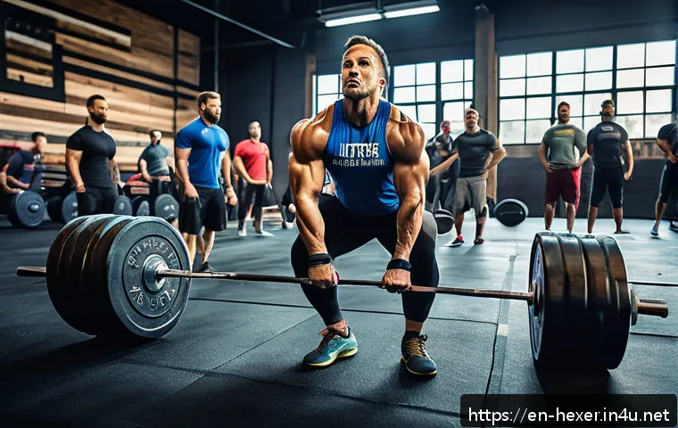 크로스핏 바벨 운동과 파워리프팅 차이 - A vibrant CrossFit gym scene showcasing a diverse group of athletes performing dynamic Olympic lifts...