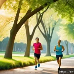 유산소와 무산소 운동의 차이 - A dynamic scene of a diverse group of adults jogging and cycling through a lush city park during ear...