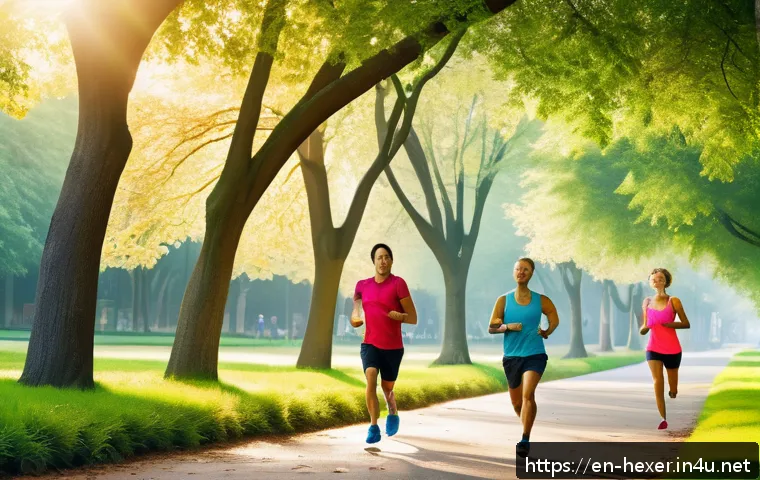 유산소와 무산소 운동의 차이 - A dynamic scene of a diverse group of adults jogging and cycling through a lush city park during ear...