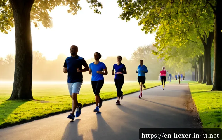 Home 17 체지방 감소를 위한 유산소 운동 추천 - Photorealistic wide shot of a diverse group of adults briskly walking and light jogging on a clean t...