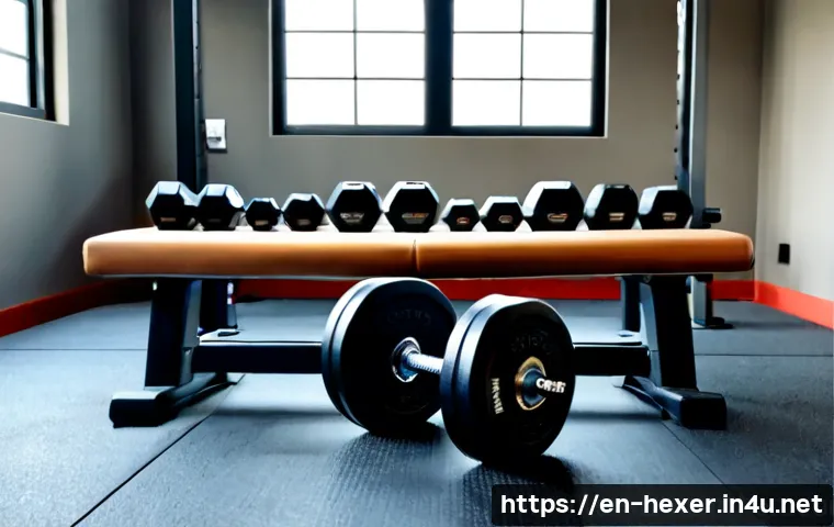 근력 운동용 고중량 덤벨 추천 - Photorealistic home gym product-comparison scene, a neatly organized pair of heavy adjustable dumbbe...