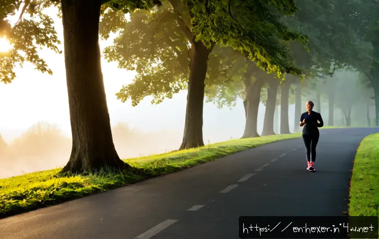 Home 30 유산소 운동으로 체중 감량하기 - Photorealistic sunrise park scene of a middle-aged woman power walking briskly on a wide paved trail...