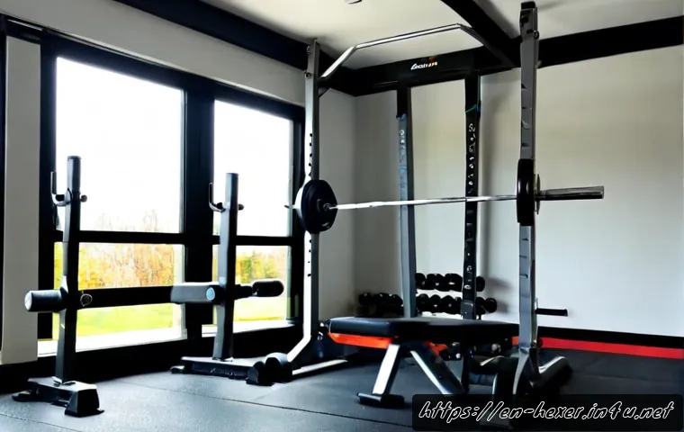 Home 17 상체 근력 운동용 바벨 세트 - Photorealistic home gym scene featuring a complete upper-body strength training barbell set: straigh...